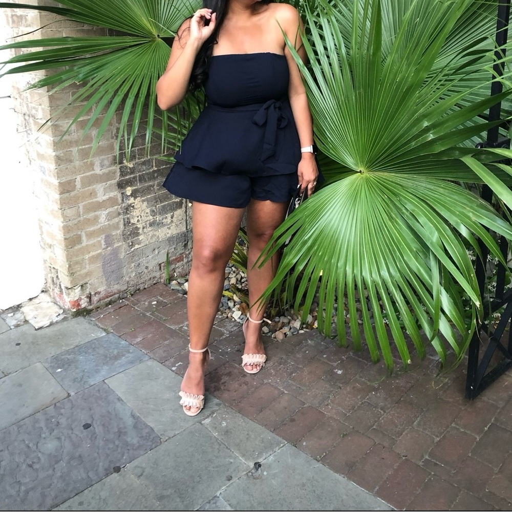 Chic Navy Blue Strapless Romper
